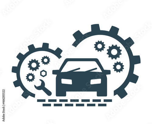 Vector illustration, logo, car icon and gears.