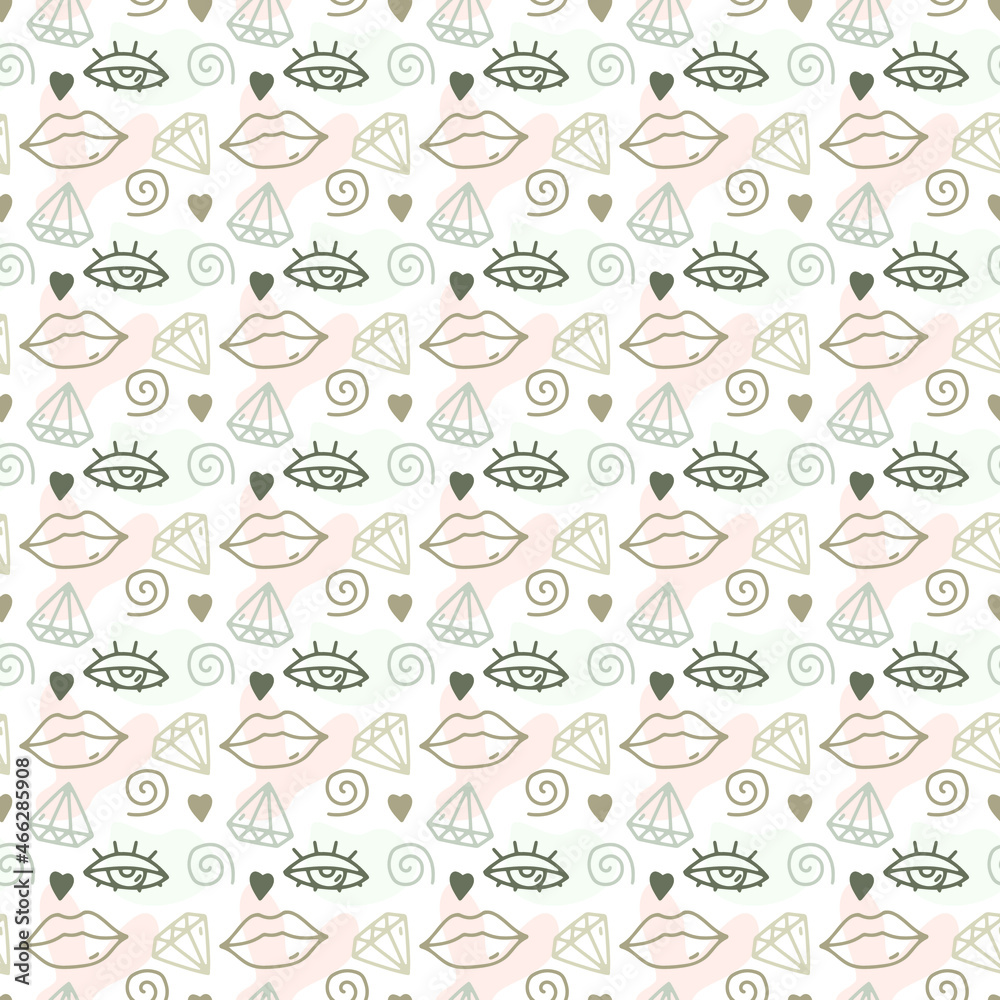 Vector abstract pattern for women. Seamless pattern with lips, eyes, crystals, spiral, hearts and abstract spots on a white background drawn by line hand drawn Vector abstract pattern for women. Seamless pattern with lips, eyes, crystals, spiral, hearts and abstract spots on a white background drawn by line hand drawn