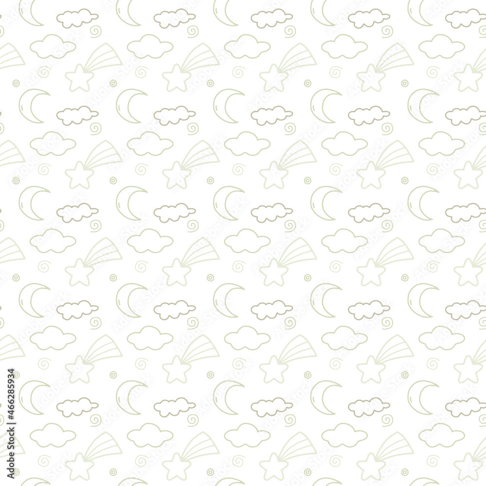 Vector linear pattern with clouds, stars, spirals, month on a white background Vector linear pattern with clouds, stars, spirals, month on a white background
