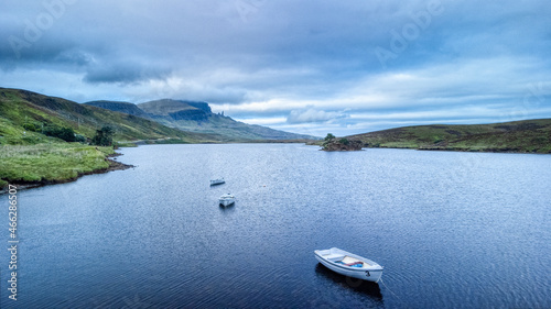 Aerial stitched panorama of Loch Fada and the Old Man of Storr, Isle of Skye, Scotland photo