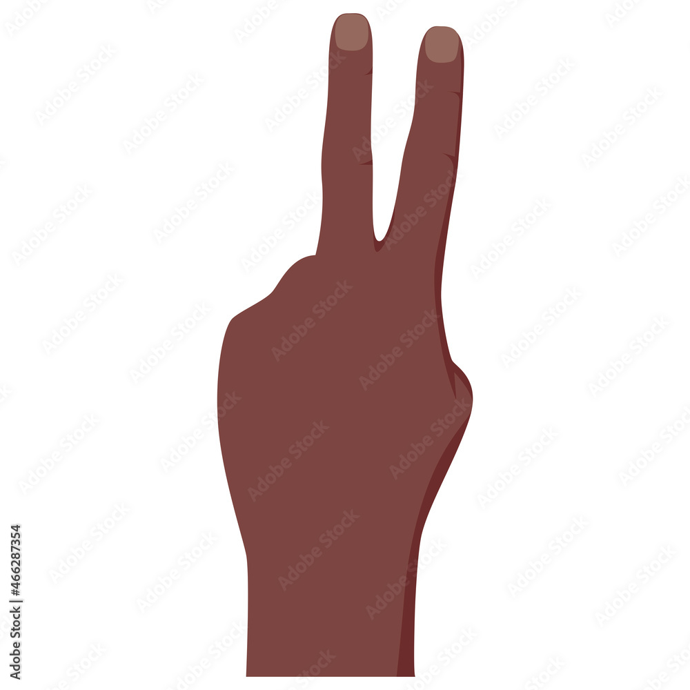 Obraz premium Gesture with fingers lifted up showing number two. Vector illustration with counting dark skin hand isolated on white background. Sign of peace