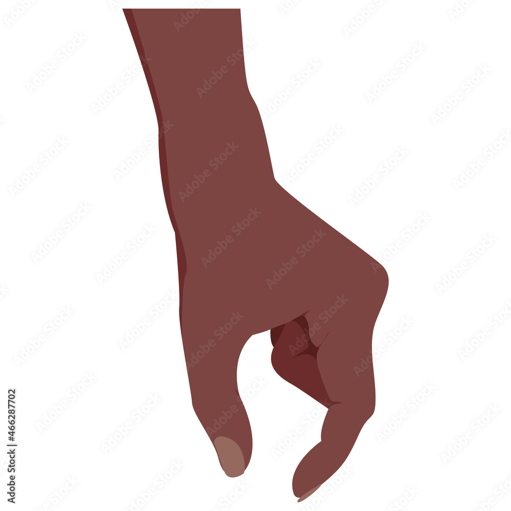 Picking hand. Afro American dark skin color. Gesture with a hand close-up. Take an object, subject, element. Lift up. Vector illustration flat design. Isolated on white background. Pick up something. Picking hand. Afro American dark skin color. Gesture with a hand close-up. Take an object, subject, element. Lift up. Vector illustration flat design. Isolated on white background. Pick up something.