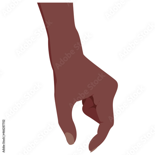 Picking hand. Afro American dark skin color. Gesture with a hand close-up. Take an object, subject, element. Lift up. Vector illustration flat design. Isolated on white background. Pick up something.