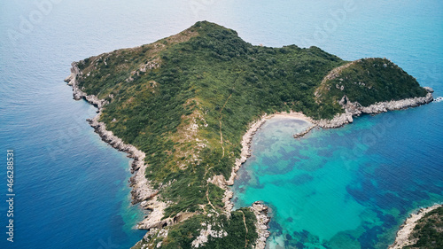 Aerial view of Porto Timoni beach and pirate bay on Corfu island in Greece. Ionian sea. © Dima Anikin