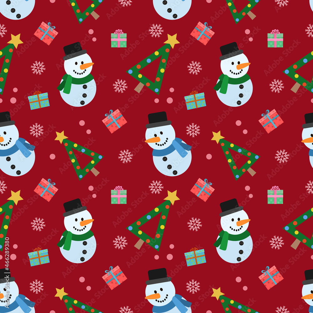 Cute snowman with Christmas tree and gift seamless pattern.