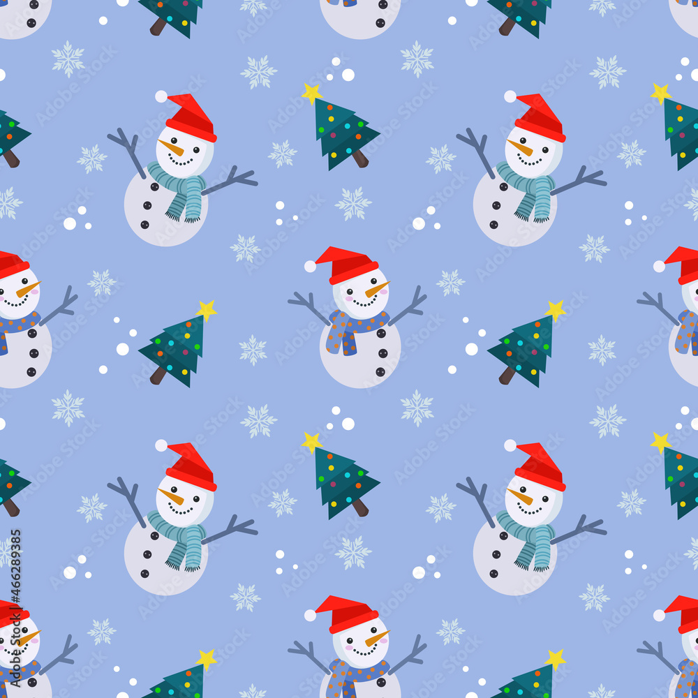 Cute snowman and Christmas tree in winter seamless pattern.