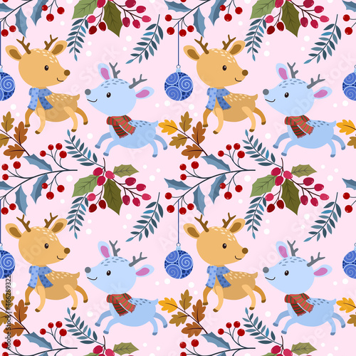 Cute reindeer run in Christmas plant with ball seamless pattern.