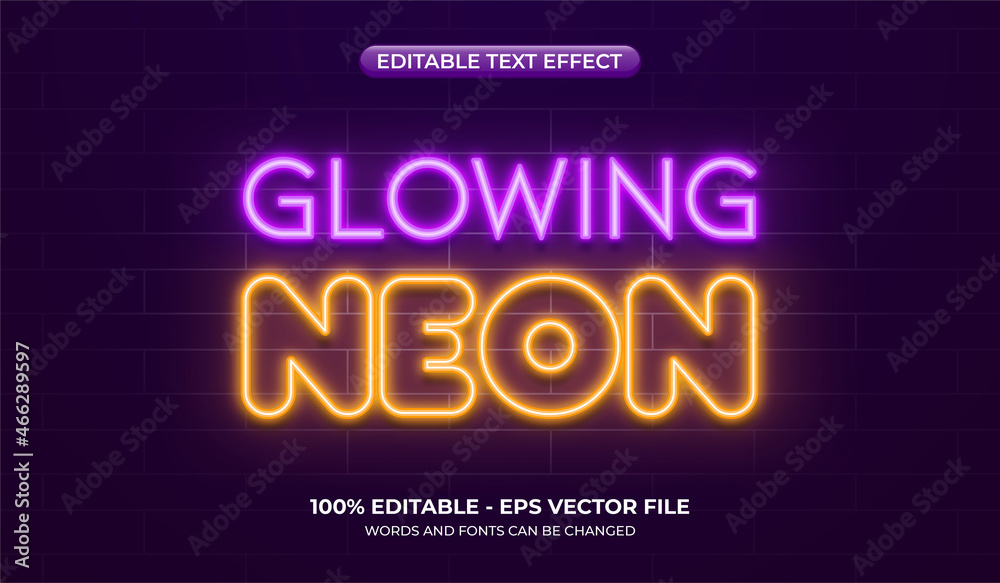 Glowing neon text effect on the brick wall background. Text glows in the dark - obrazy, fototapety, plakaty 