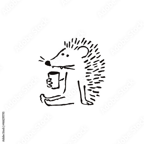 コーヒーを飲む、シンプルな、ハリネズミの手描きのイラスト
