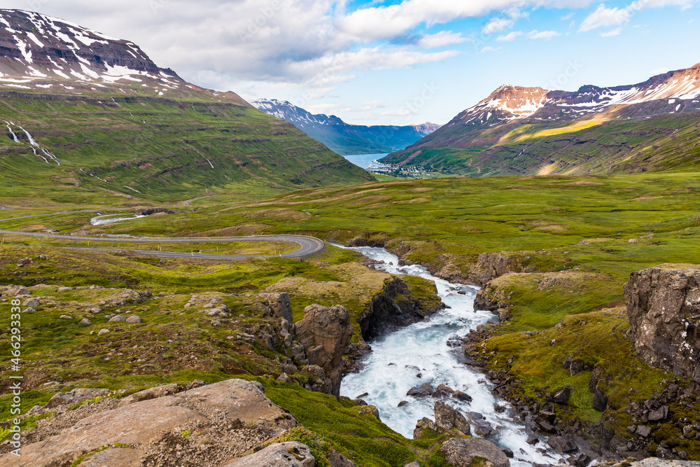 River Fjardara in Seydisfjordur fjord in Iceland River Fjardara in Seydisfjordur fjord in Iceland