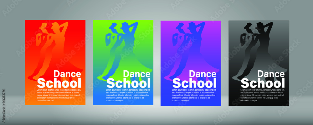 Dance studio background, cover, poster, poster, flyer brochure, invitation, ticket, poster or postcard design template with a beautiful ballet dancer figure. Vector illustration. Dance Studio