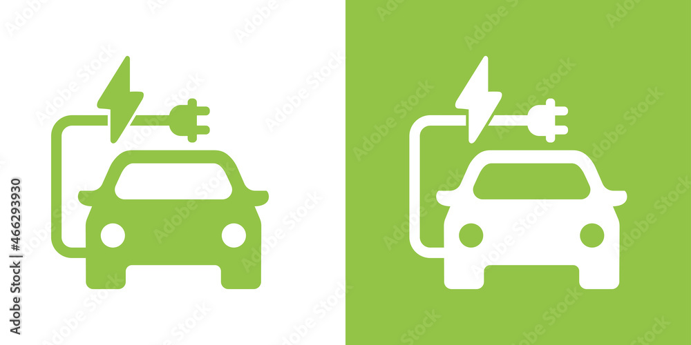 Obraz Samochód elektryczny z symbolem ikony zielonej wtyczki, pojazdy hybrydowe samochodów EV ładowania punkt logotyp, koncepcja pojazdu przyjaznego dla środowiska, ilustracji wektorowych