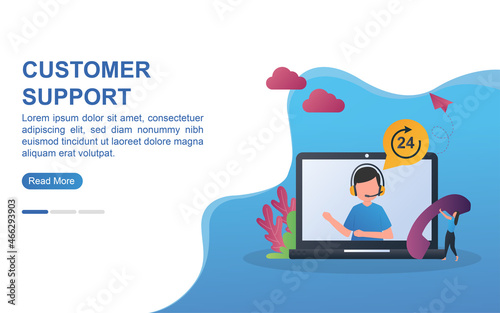 customer service concept with a 24-hour logo and a person picking up the phone.