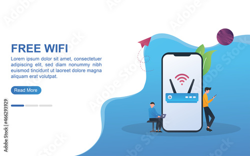 free wifi concept with wifi modem and people using wifi.