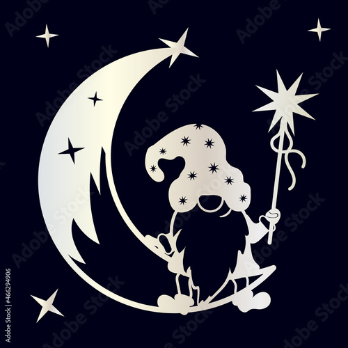 A fabulous gnome with a magic wand sits on the moon, legs dangling. Sublimation and cutting file.