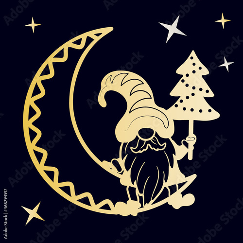 A fabulous gnome with a herringbone sits on the moon with his legs dangling. Sublimation and cutting file.