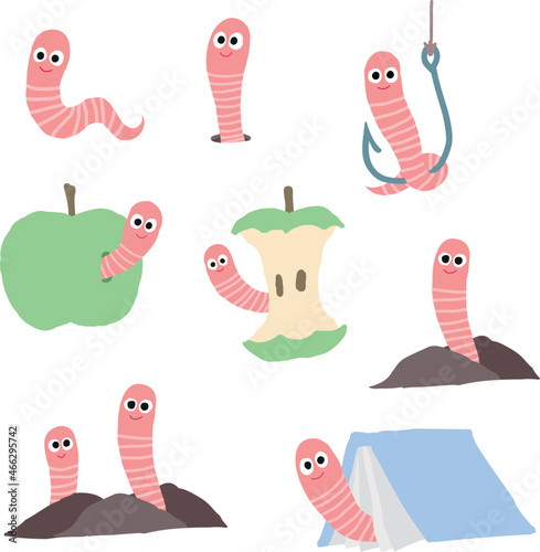 Worms set. A worm in an apple and a stub, a bookworm, a worm in the ground. Vector illustration isolated on white background.