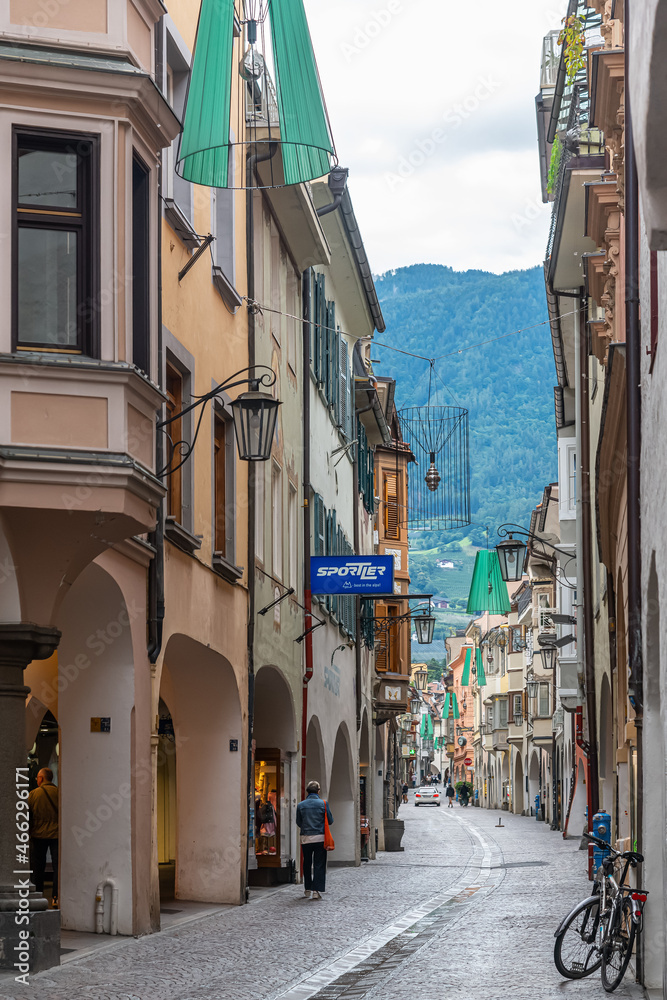 View of the city of Merano, at the entrance to the Passeier Valley and the Vinschgau, South Tyrol, Italy