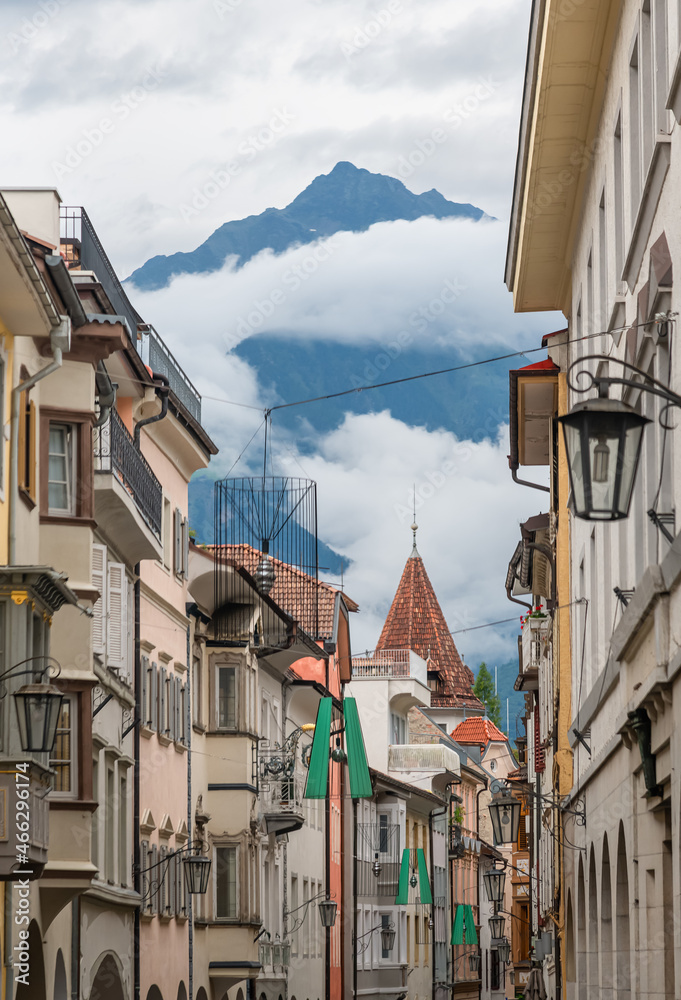 View of the city of Merano, at the entrance to the Passeier Valley and the Vinschgau, South Tyrol, Italy