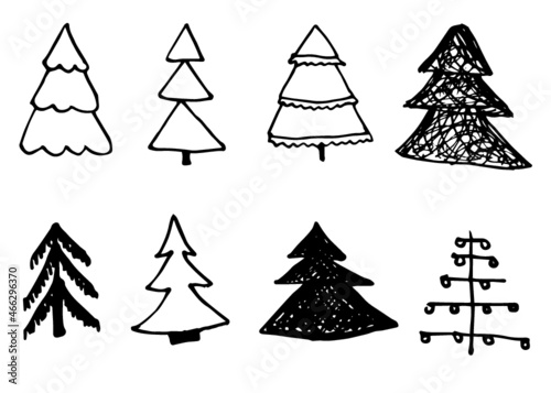 Doodle hand drawn Christmas trees set, vector, isolated on white background