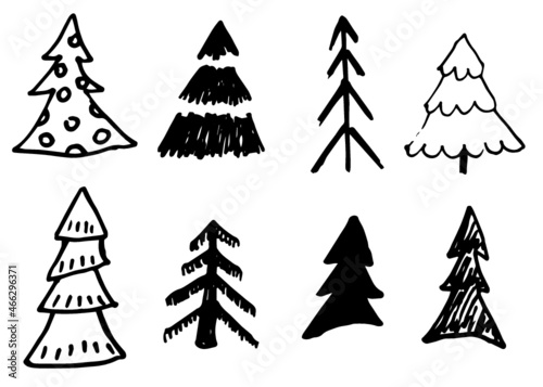 Doodle hand drawn Christmas trees set  vector  isolated on white background