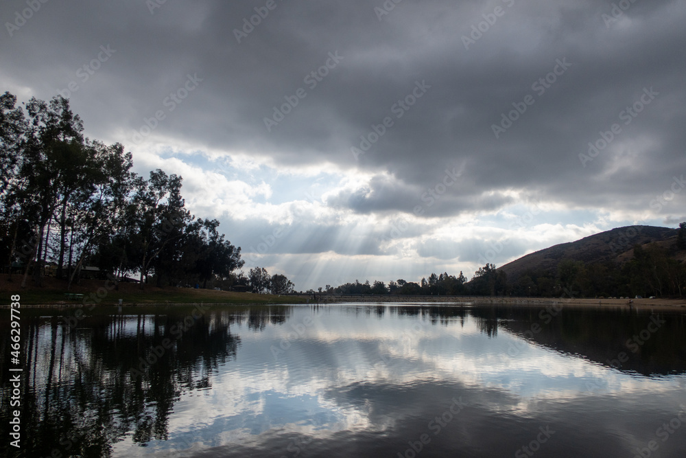A Stormy Cloud Day on a California Recreational mountain Lake with Dynamic Cloud Formations and Interesting Light Illuminations