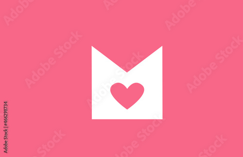 M pink love heart alphabet letter logo icon. Creative design for a dating site company or business