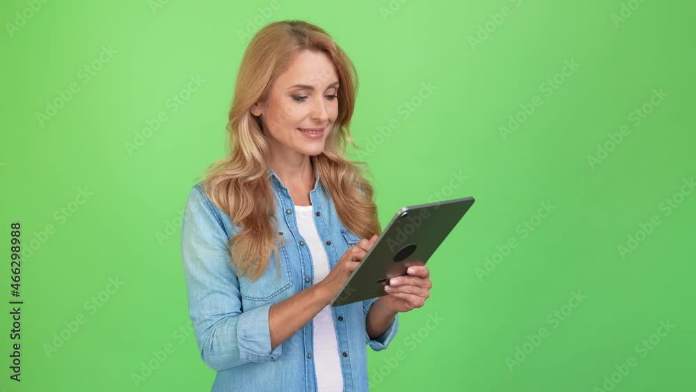 Creative manager lady hold tablet scroll options point finger genius solution Creative manager lady hold tablet scroll options point finger genius solution