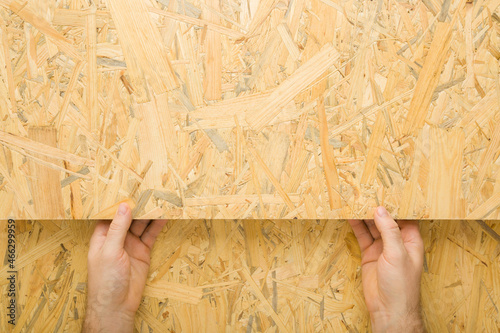 Young adult man hands holding osb board for new wall or floor. Closeup. Point of view shot. Preparing for repair work of home. Empty place for text. Top down view. photo