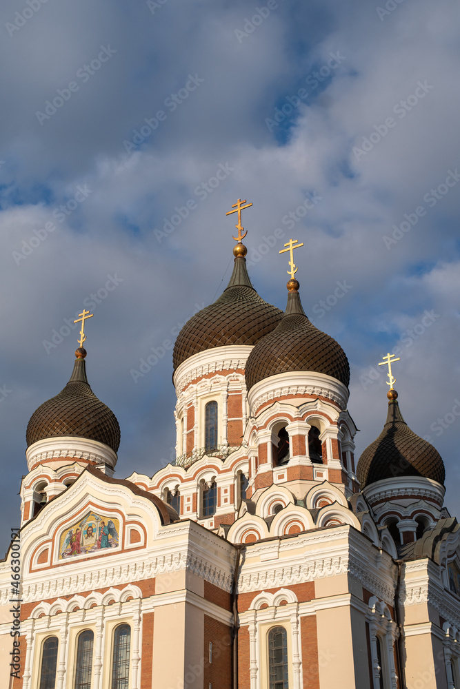 Low angle view of Alexander Nevsky Cathedral in Tallinn Old Town on a sunny autumn evening. Estonia.