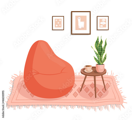 Cute interior with soft pillow, pouf for sitting. Cozy room design with fluffy seat, table, plants, coffee, wall pictures, carpet. Living room interior. Vector flat style illustration.