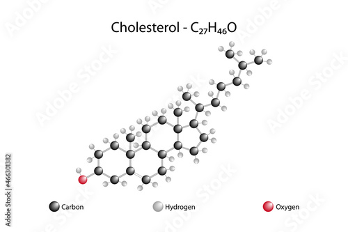 Molecular formula of cholesterol. Cholesterol is a sterol found in cell membranes in body tissues and carried in blood plasma, that is, a combination of steroids and alcohol.