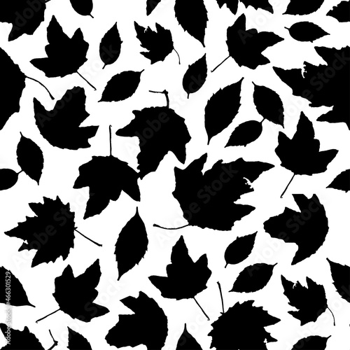 Silhouette of poplar leaves and wild grapes, seamless pattern. Autumn background. Vector
