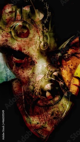 Graphic art with portrait of man with bloody face, artistic zombie concept, hallucination and nightmarish vision, textured skin photo