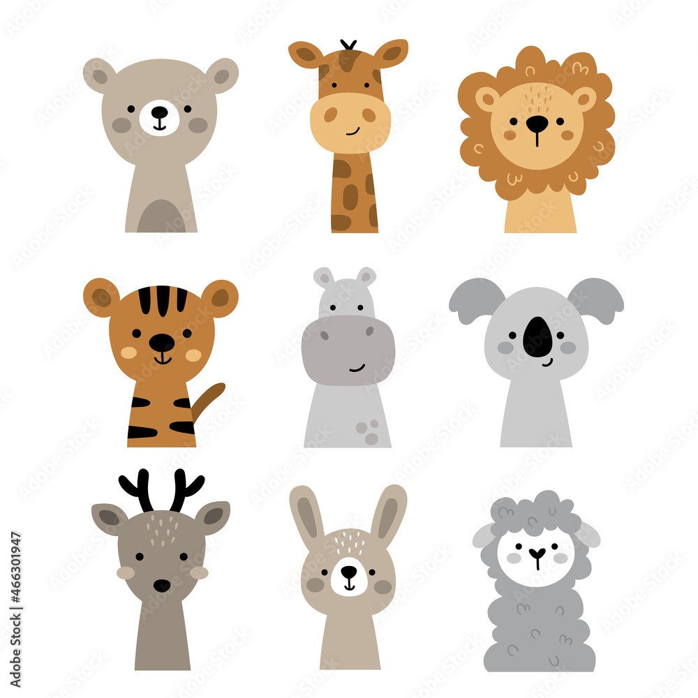 Obraz premium vector set of cute jungle and domestic animals