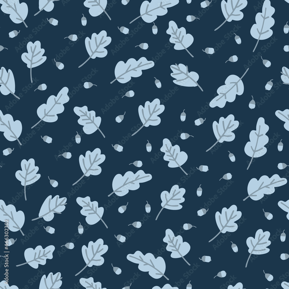 Seamless pattern with yellow oak leaves and acorns on dark blue background. Autumn concept. For surface design and other design projects