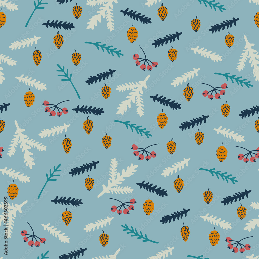 Seamless pattern with fir-tree branches, berries, strobiles, oak acorns on blue background. Autumn, winter concept. For textile, surface design and other design projects Seamless pattern with fir-tree branches, berries, strobiles, oak acorns on blue background. Autumn, winter concept. For textile, surface design and other design projects