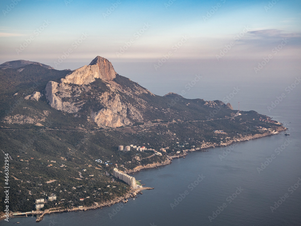 Panoramic view of Laspi bay and Black sea coast. Travel destination in Crimea