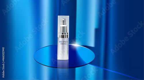 Product cosmetic on biue transparent circle disks . Mockup illustration vector