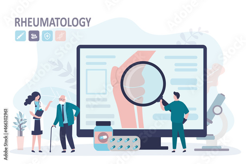 Doctor consults grandfather about arthritis and other rheumatic diseases. Rheumatologist examines patient's bones on screen