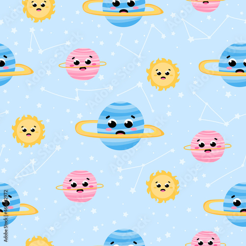 Chidish space seamless pattern with cute planets charcters of solar system on light pastel background with stars