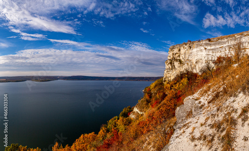 Beautiful view of Bakota Bay on the Dniester River in autumn day.