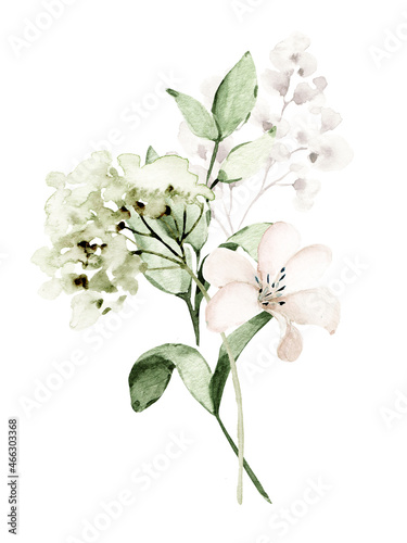 Flowers watercolor painting, bouquet for greeting card, invitation, poster, wedding decoration and other printing images. Illustration isolated on white.