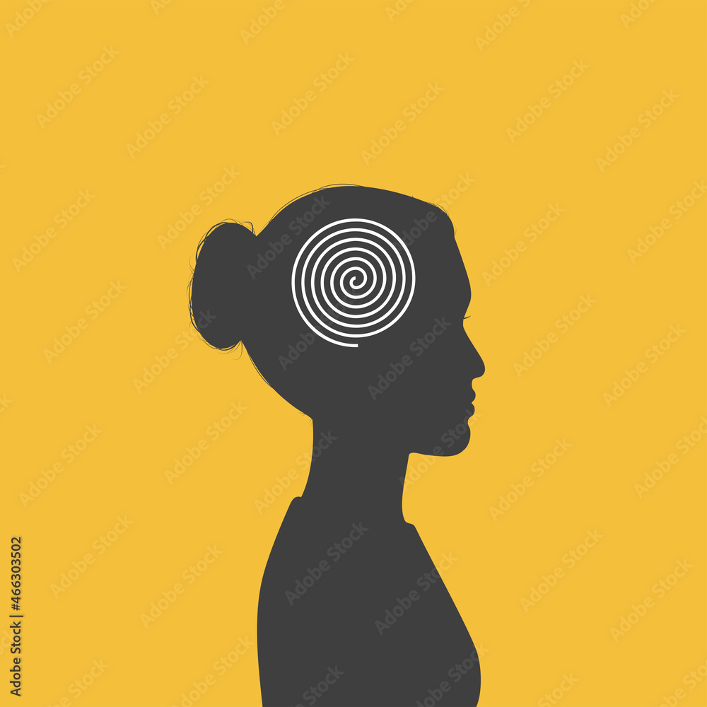 Woman with spiral line in head - metaphor of ordered thoughts, calm mind and mental health. Woman with spiral line in head - metaphor of ordered thoughts, calm mind and mental health.