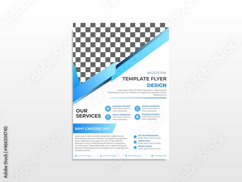 a4 flyer template with blue and gradient blue color. Can be used for Flyer, Pamflet, Magazine, Poster, Company Portfolio, Modern Layout. Editabled and organized layers photo