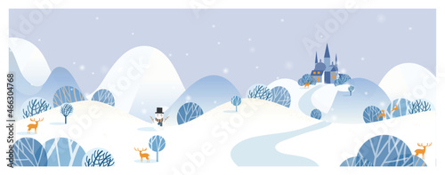 Vector illustration of a Christmas winter landscape Banner.Blue color of winter countryside landscape with  deer snowman and castle.