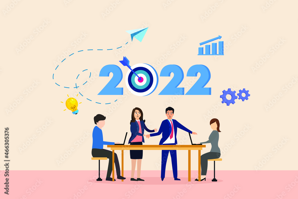 New year target vector concept. Group of business people working together near the 2022 numbers with dartboard New year target vector concept. Group of business people working together near the 2022 numbers with dartboard