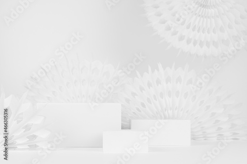 Fototapeta Naklejka Na Ścianę i Meble -  Bright light white abstract stage with three different rectangle stands mockup with circle ribbed carved decorations in geometric style on table for showing, presentation cosmetic product or goods.