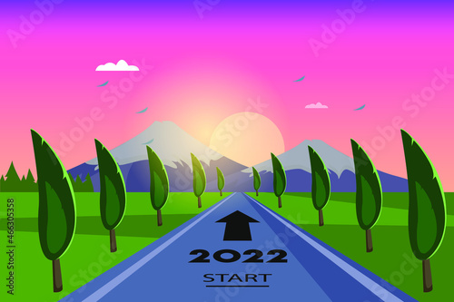 Start new year vector concept. Empty road with start line and 2022 numbers toward mountain with sunrise background