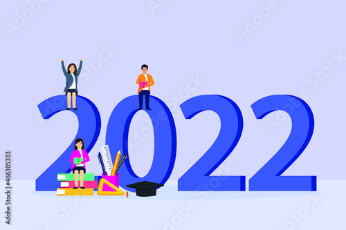 New year vector concept. Group of college students studying together while sitting with 2022 number background